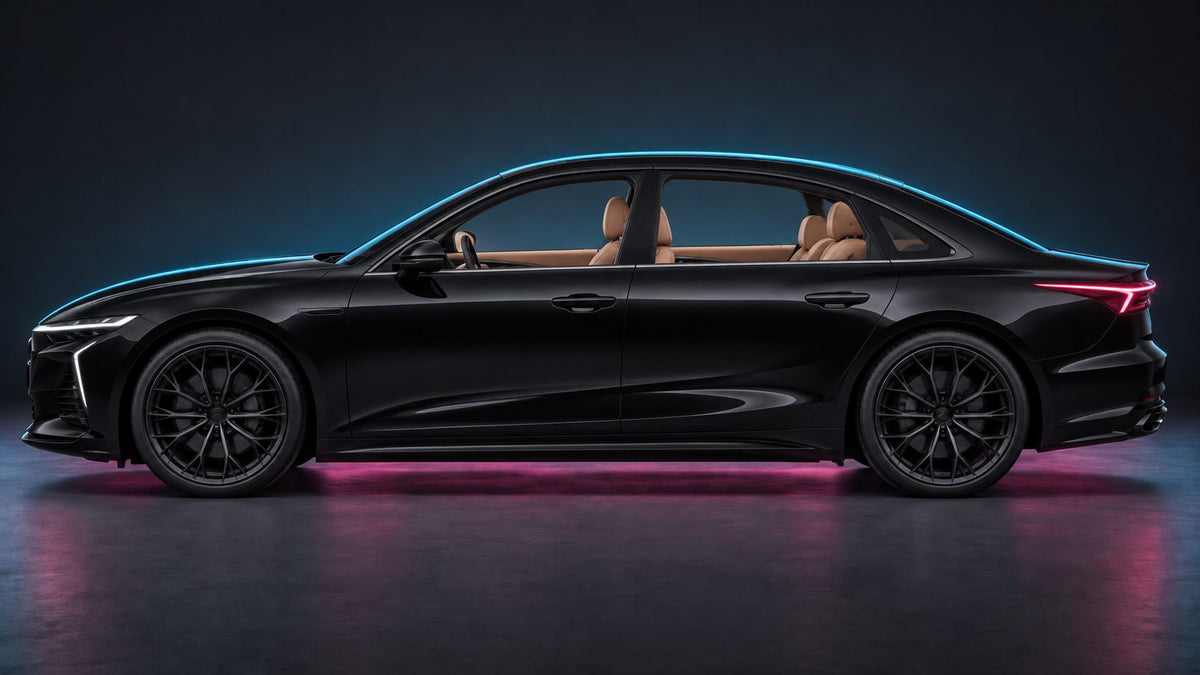 Illustration of a black luxury sedan in side profile showing window tint shades